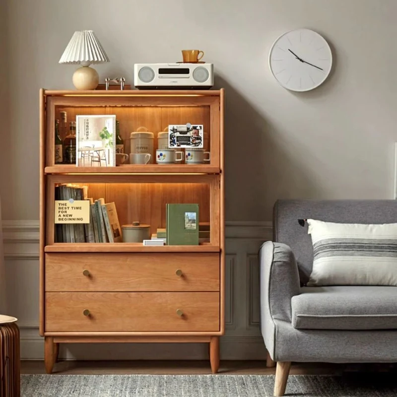 Traditional Japanese Rectangular Pine Wood Plywood Glass Storage Sideboard 2-Drawer For Living Room & Dining Room