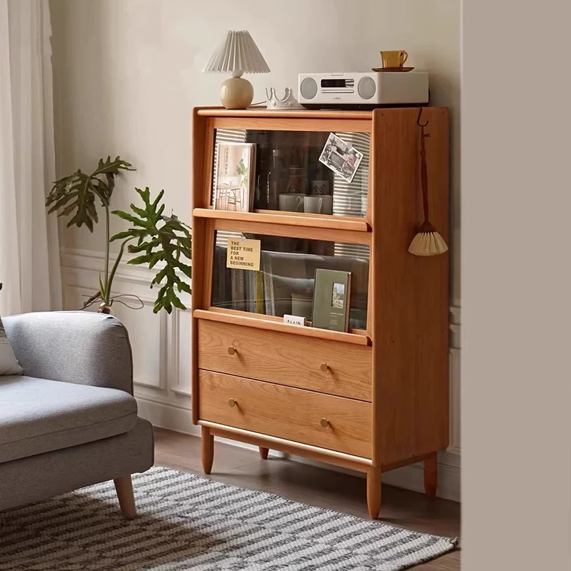 Traditional Japanese Rectangular Pine Wood Plywood Glass Storage Sideboard 2-Drawer For Living Room & Dining Room
