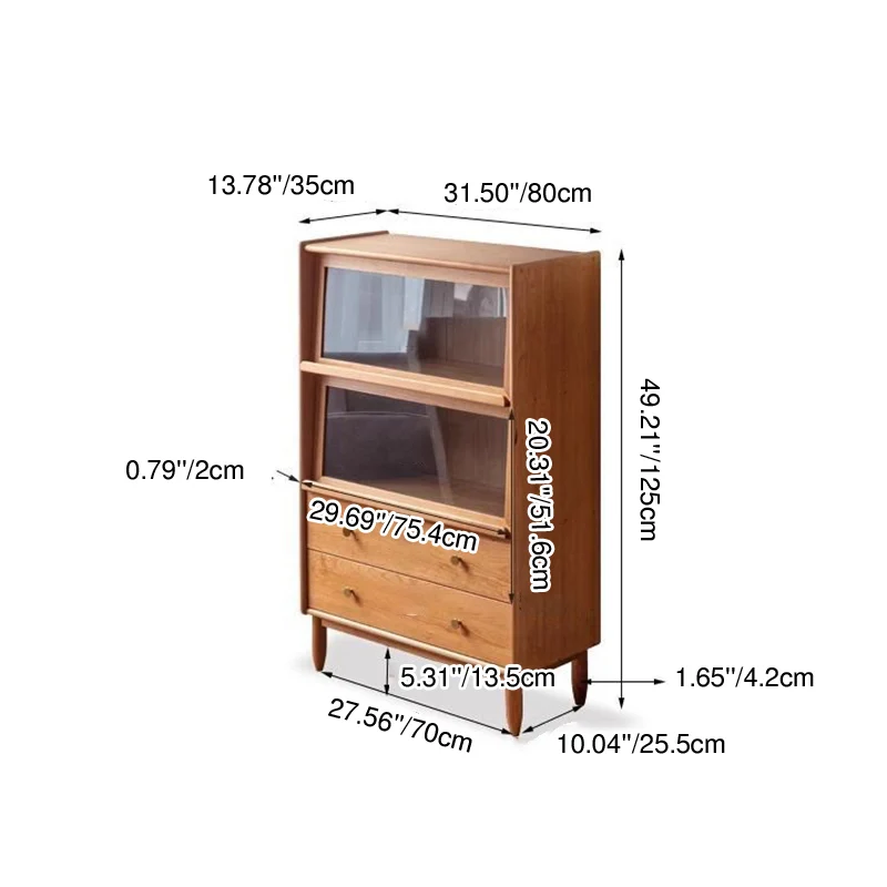 Traditional Japanese Rectangular Pine Wood Plywood Glass Storage Sideboard 2-Drawer For Living Room & Dining Room