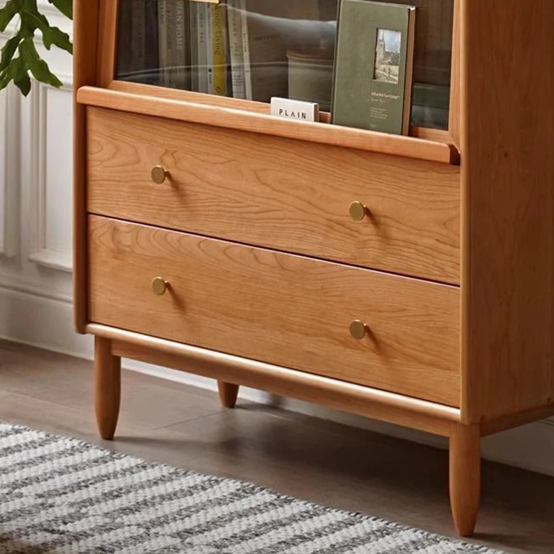 Traditional Japanese Rectangular Pine Wood Plywood Glass Storage Sideboard 2-Drawer For Living Room & Dining Room