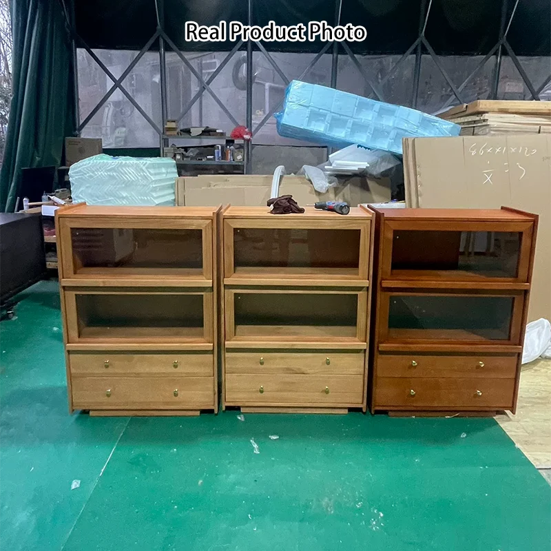 Traditional Japanese Rectangular Pine Wood Plywood Glass Storage Sideboard 2-Drawer For Living Room & Dining Room