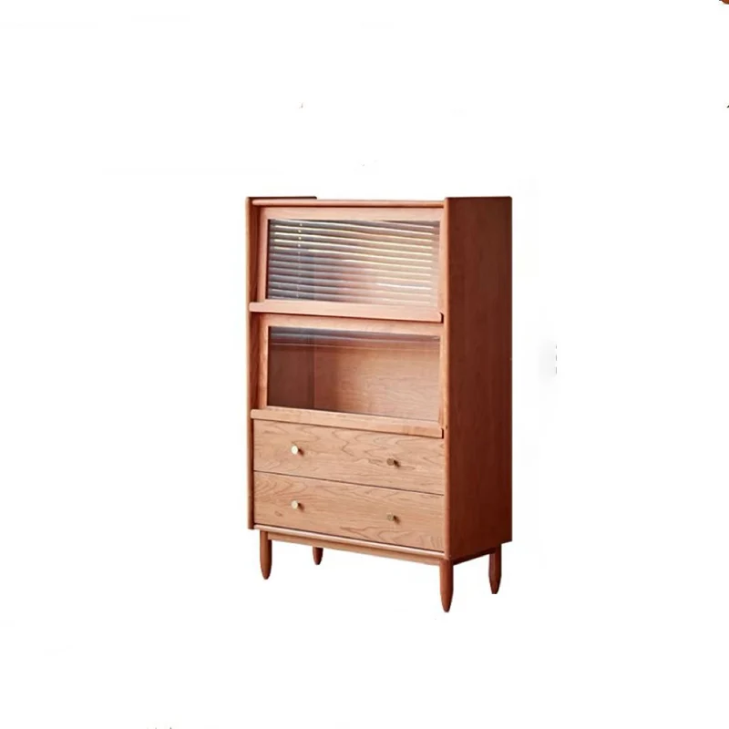 Traditional Japanese Rectangular Pine Wood Plywood Glass Storage Sideboard 2-Drawer For Living Room & Dining Room