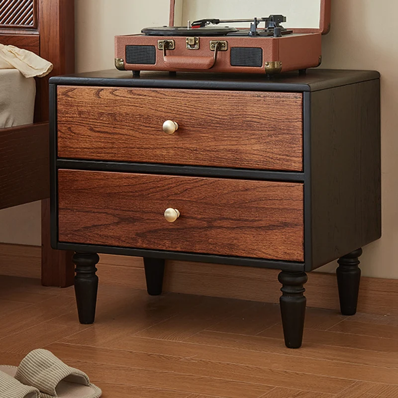 Traditional French Red Oak Round Square Nightstand With 2 Drawers For Bedroom