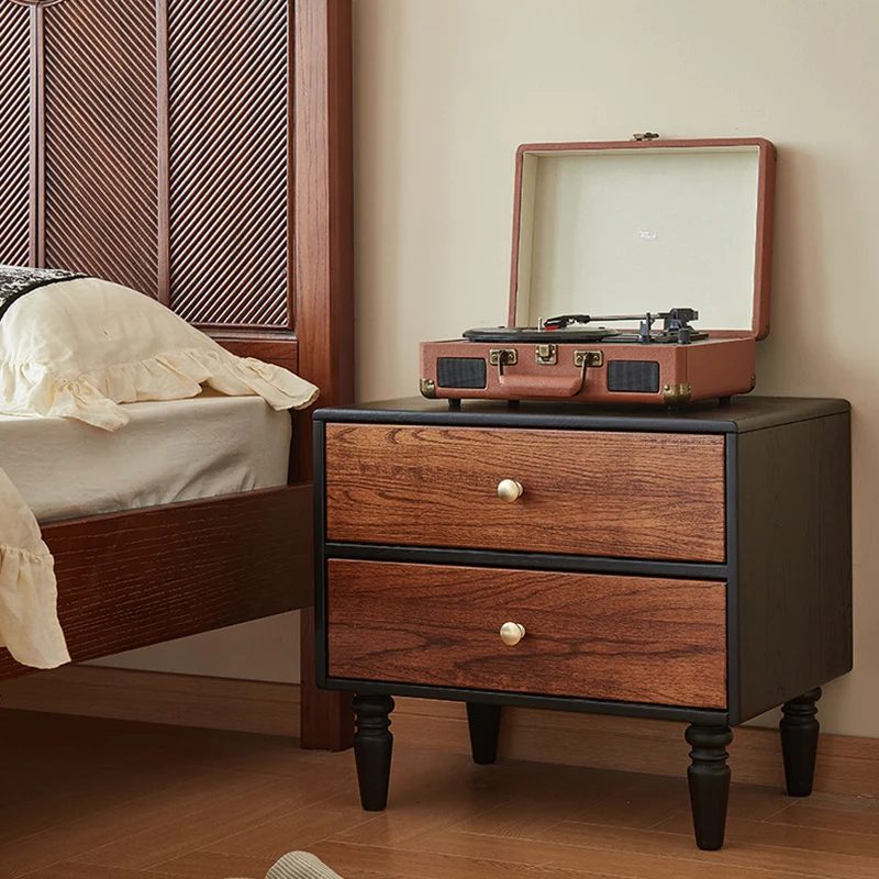 Traditional French Red Oak Round Square Nightstand With 2 Drawers For Bedroom