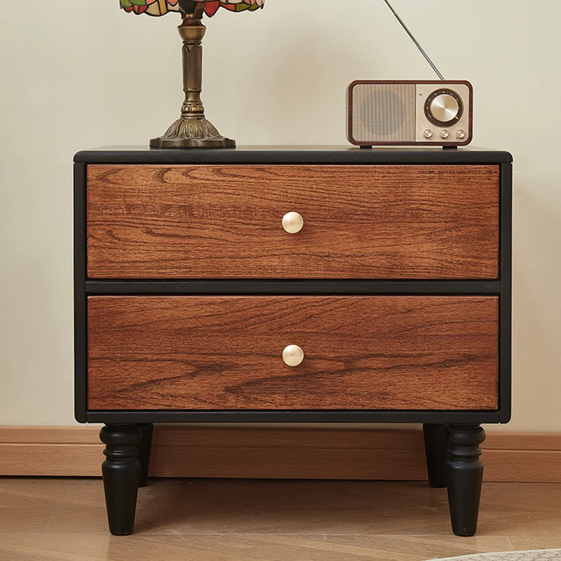 Traditional French Red Oak Round Square Nightstand With 2 Drawers For Bedroom