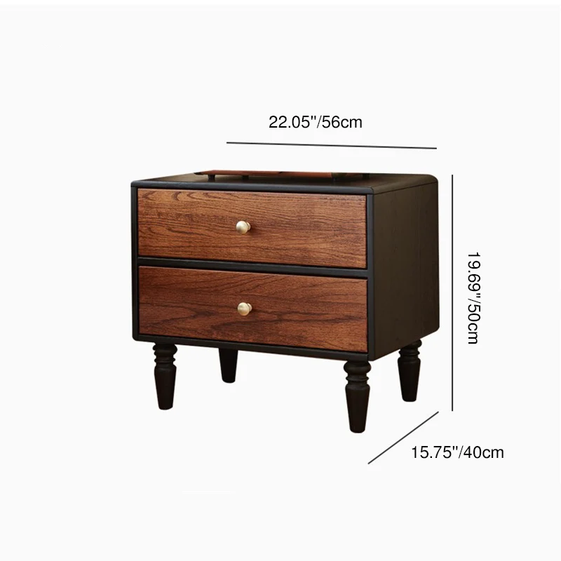 Traditional French Red Oak Round Square Nightstand With 2 Drawers For Bedroom
