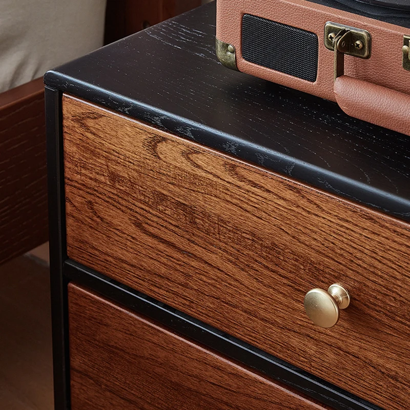 Traditional French Red Oak Round Square Nightstand With 2 Drawers For Bedroom