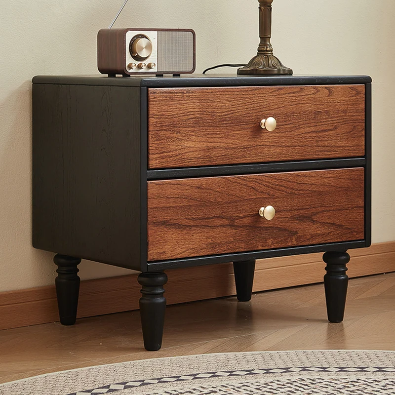 Traditional French Red Oak Round Square Nightstand With 2 Drawers For Bedroom