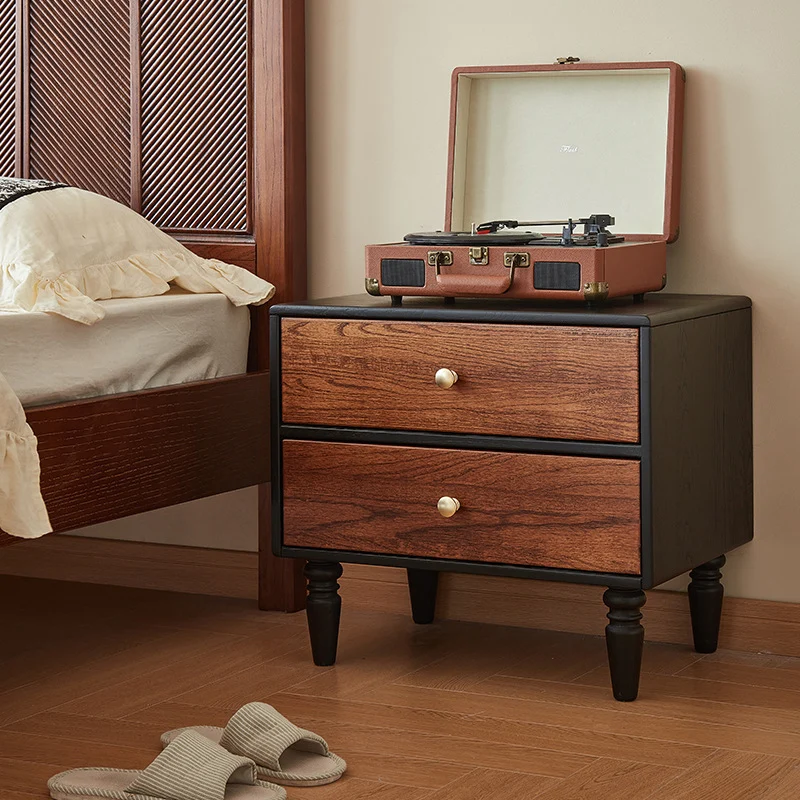 Traditional French Red Oak Round Square Nightstand With 2 Drawers For Bedroom
