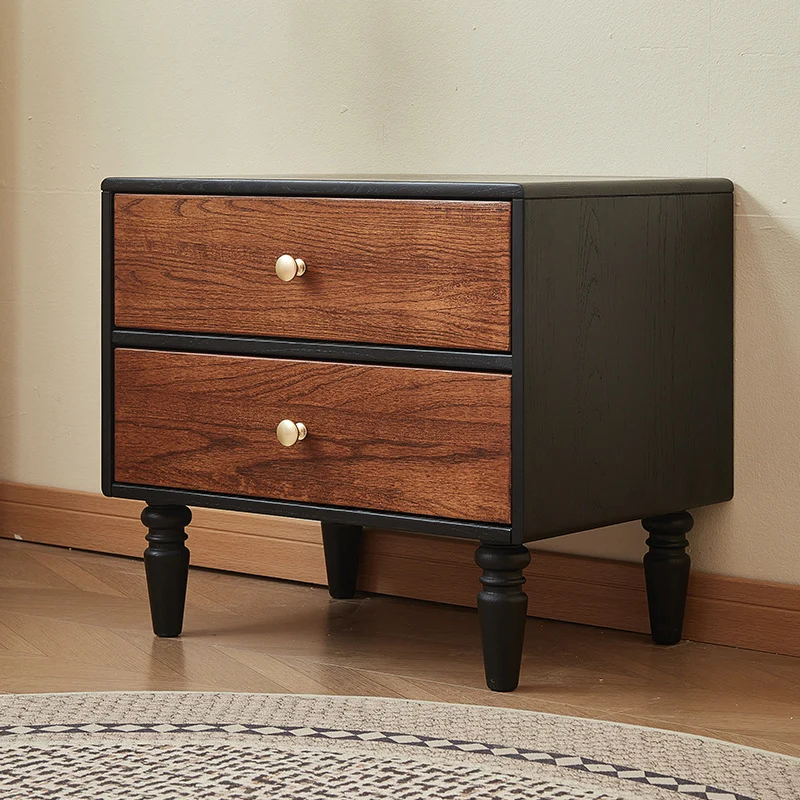 Traditional French Red Oak Round Square Nightstand With 2 Drawers For Bedroom