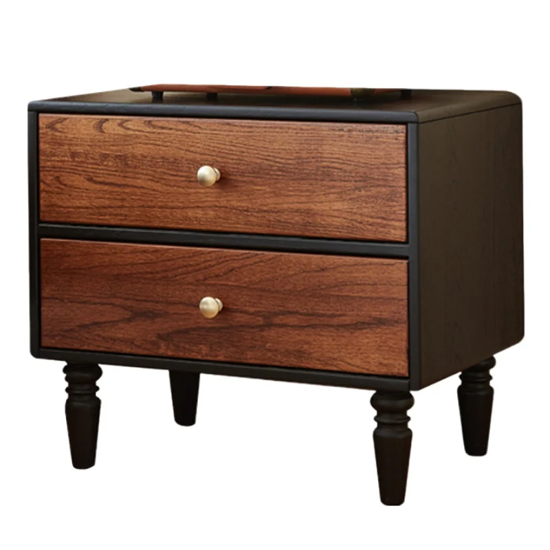 Traditional French Red Oak Round Square Nightstand With 2 Drawers For Bedroom