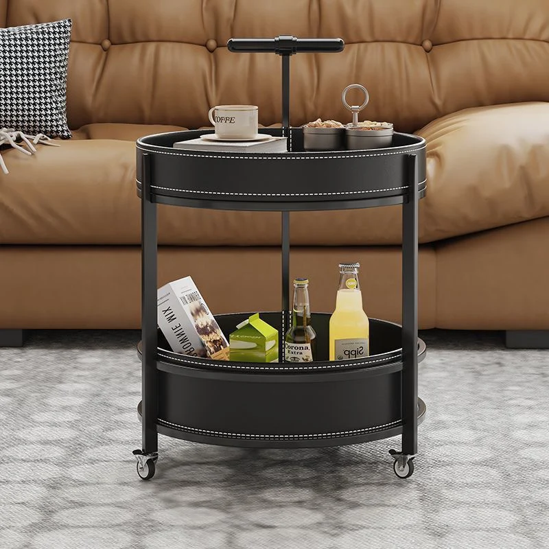 Traditional French Saddle-Style Faux Leather & Carbon Steel Round Mobile Side Table With 2 Tiers For Living Room