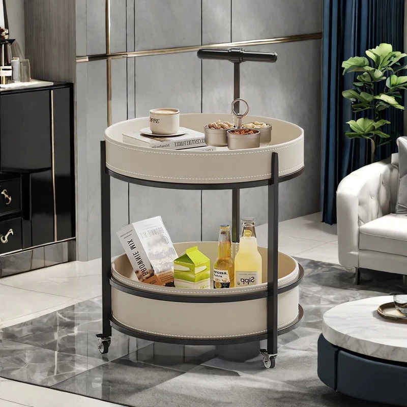 Traditional French Saddle-Style Faux Leather & Carbon Steel Round Mobile Side Table With 2 Tiers For Living Room