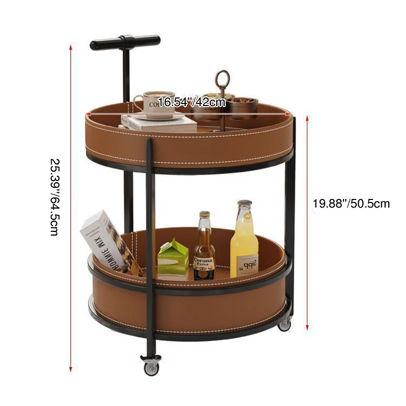 Traditional French Saddle-Style Faux Leather & Carbon Steel Round Mobile Side Table With 2 Tiers For Living Room