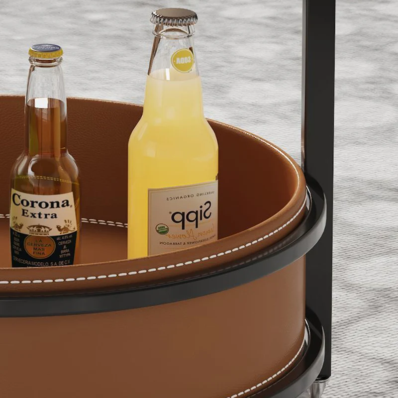 Traditional French Saddle-Style Faux Leather & Carbon Steel Round Mobile Side Table With 2 Tiers For Living Room
