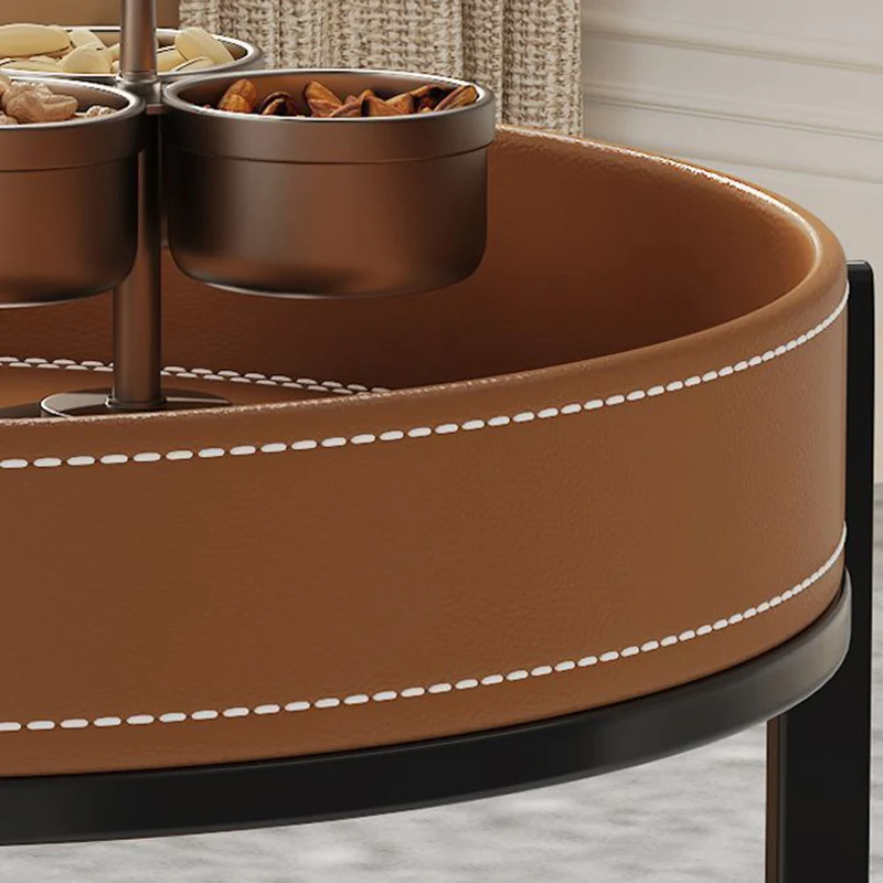Traditional French Saddle-Style Faux Leather & Carbon Steel Round Mobile Side Table With 2 Tiers For Living Room