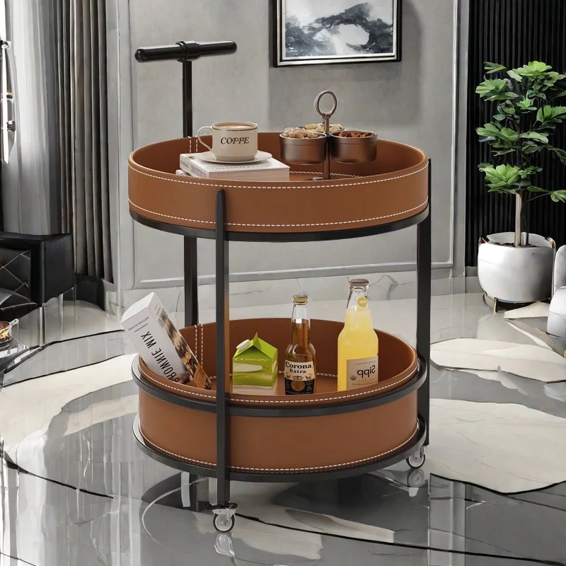 Traditional French Saddle-Style Faux Leather & Carbon Steel Round Mobile Side Table With 2 Tiers For Living Room