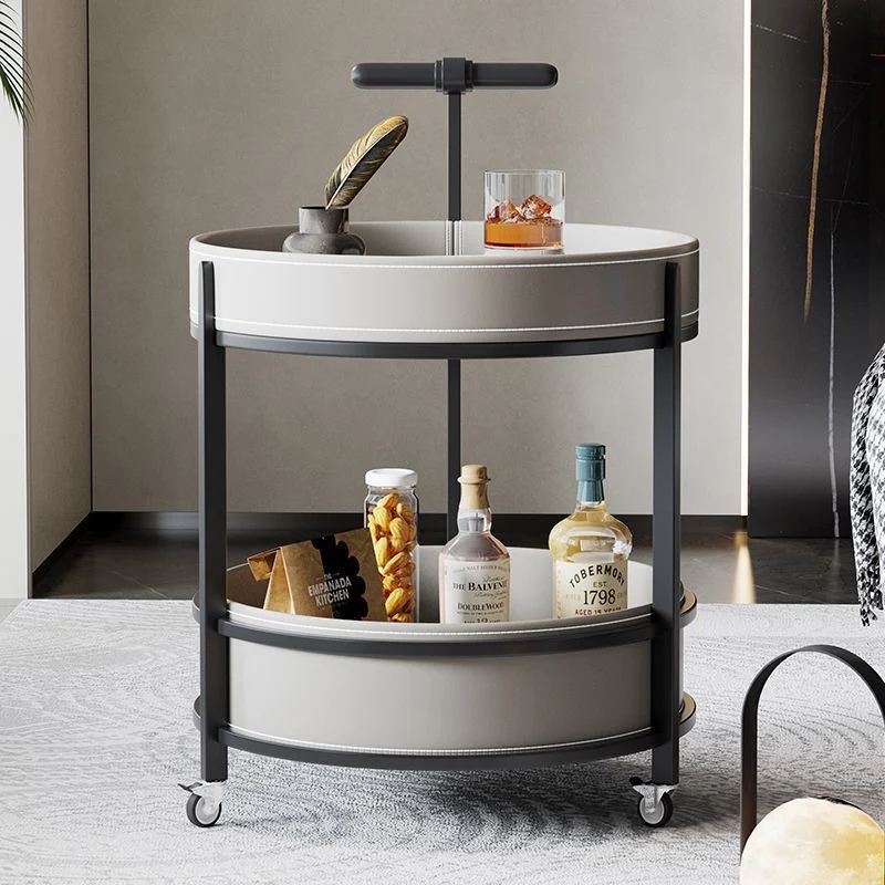 Traditional French Saddle-Style Faux Leather & Carbon Steel Round Mobile Side Table With 2 Tiers For Living Room