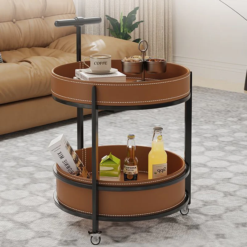 Traditional French Saddle-Style Faux Leather & Carbon Steel Round Mobile Side Table With 2 Tiers For Living Room