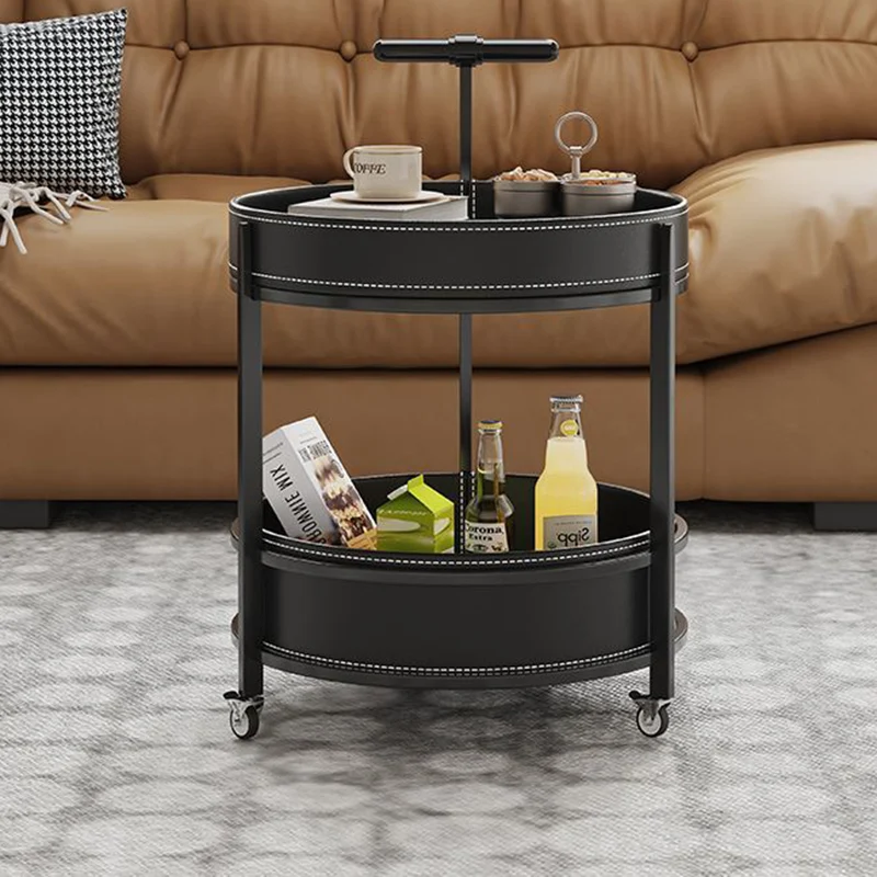 Traditional French Saddle-Style Faux Leather & Carbon Steel Round Mobile Side Table With 2 Tiers For Living Room