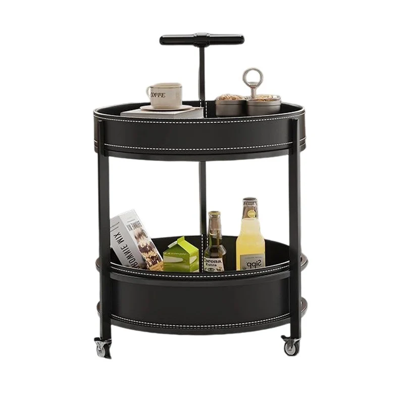 Traditional French Saddle-Style Faux Leather & Carbon Steel Round Mobile Side Table With 2 Tiers For Living Room