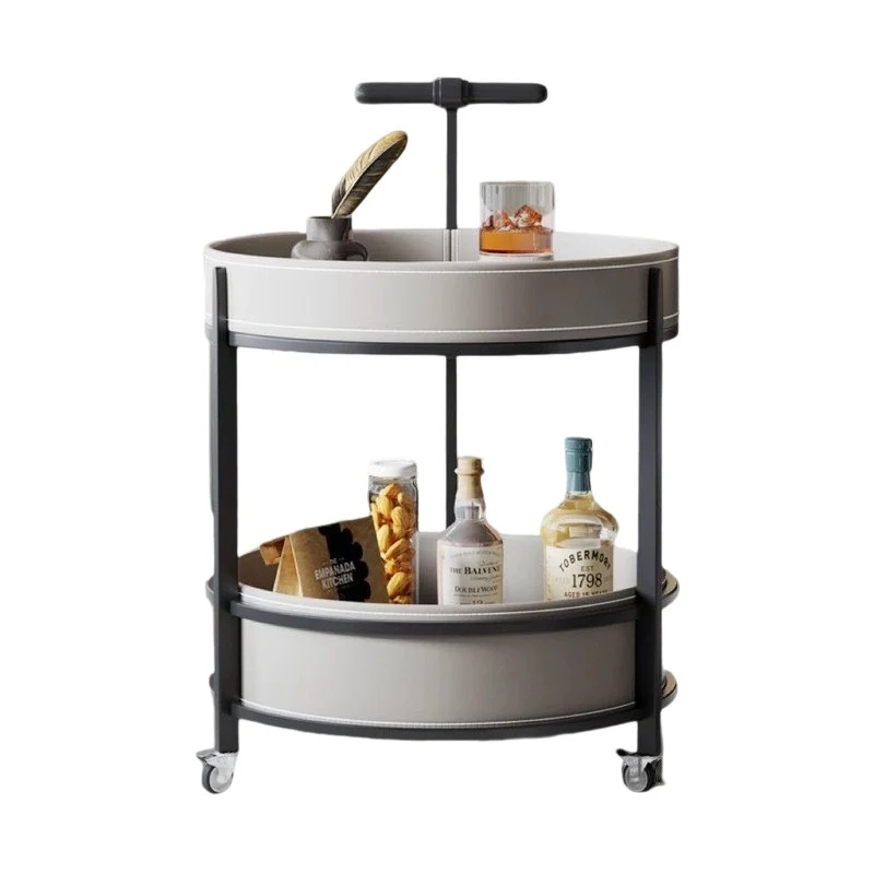 Traditional French Saddle-Style Faux Leather & Carbon Steel Round Mobile Side Table With 2 Tiers For Living Room