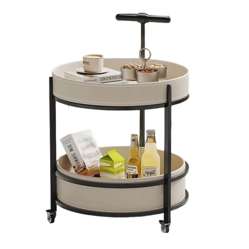 Traditional French Saddle-Style Faux Leather & Carbon Steel Round Mobile Side Table With 2 Tiers For Living Room