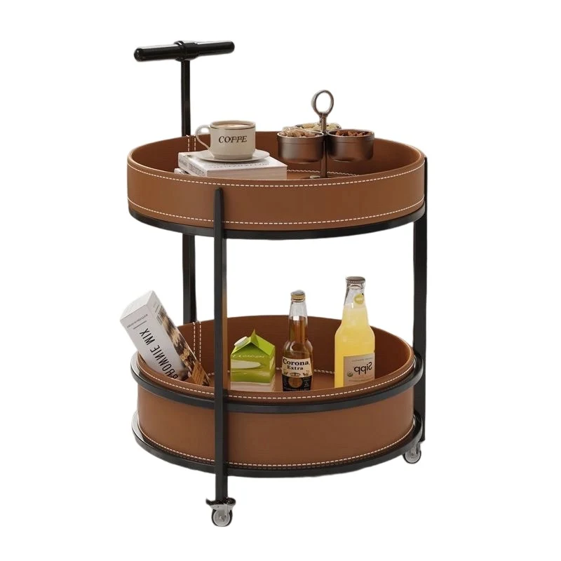 Traditional French Saddle-Style Faux Leather & Carbon Steel Round Mobile Side Table With 2 Tiers For Living Room
