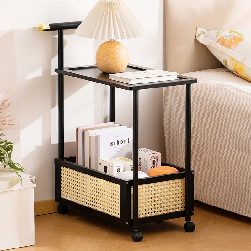 Traditional Vintage Bamboo Faux Rattan Cylindrical Rectangular Mobile Side Table With 2 Tiers For Living Room
