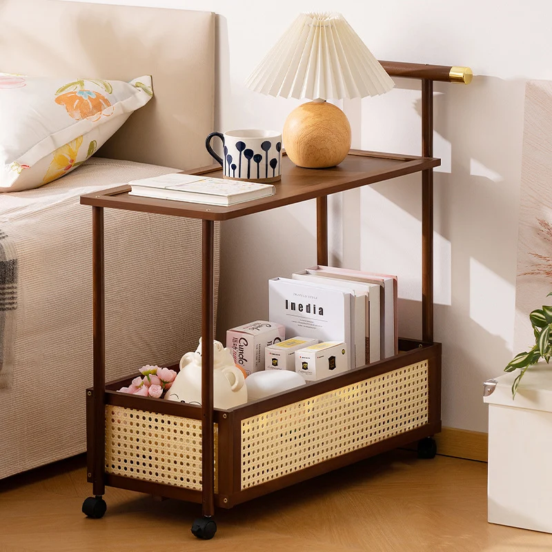 Traditional Vintage Bamboo Faux Rattan Cylindrical Rectangular Mobile Side Table With 2 Tiers For Living Room