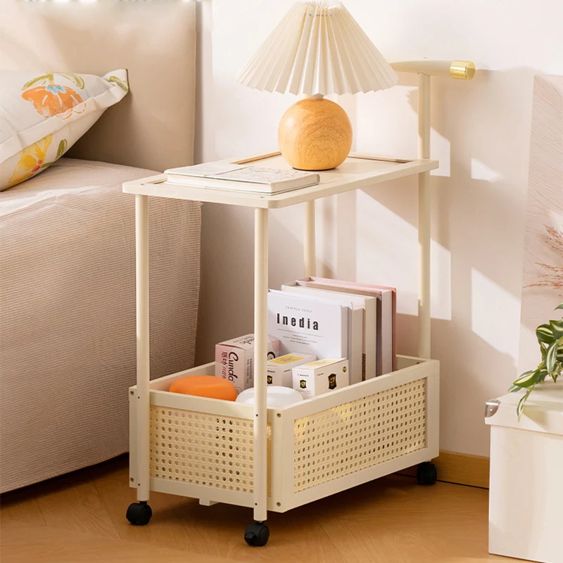 Traditional Vintage Bamboo Faux Rattan Cylindrical Rectangular Mobile Side Table With 2 Tiers For Living Room