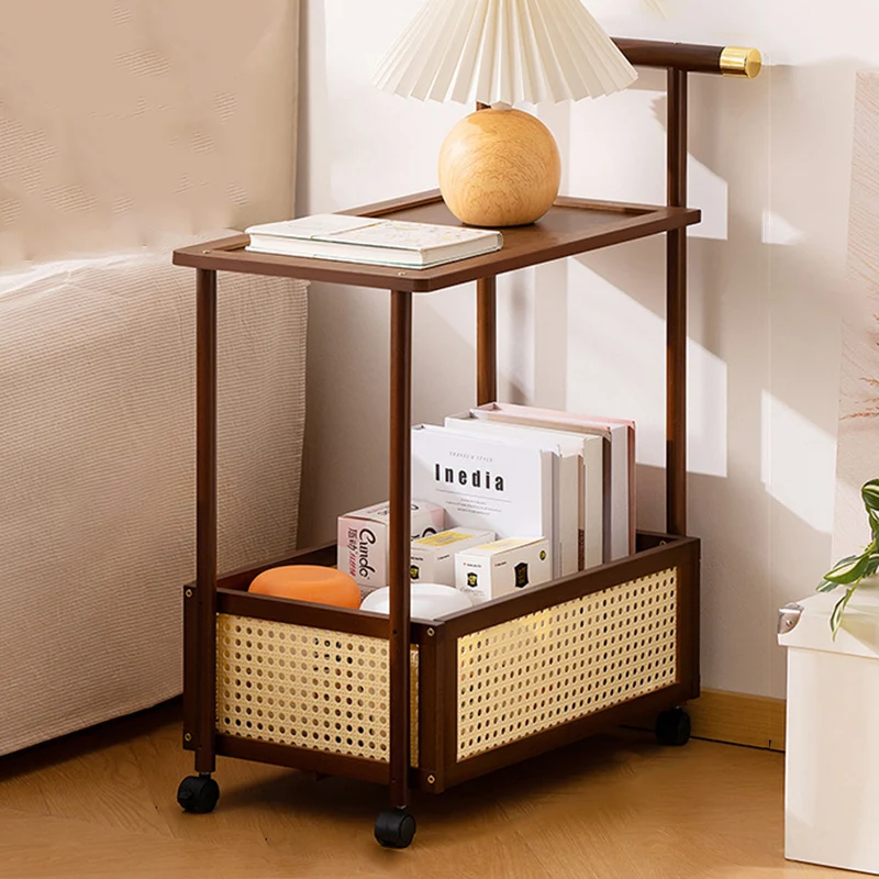 Traditional Vintage Bamboo Faux Rattan Cylindrical Rectangular Mobile Side Table With 2 Tiers For Living Room