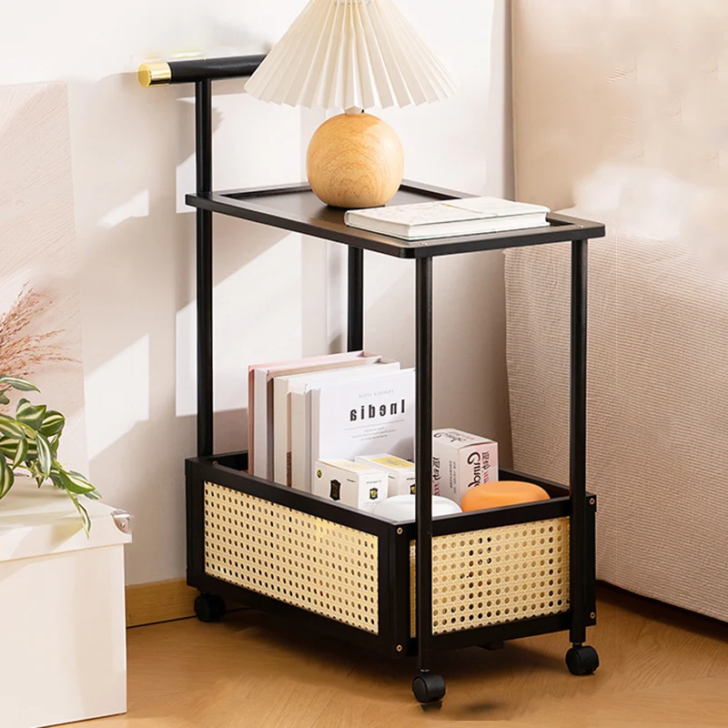 Traditional Vintage Bamboo Faux Rattan Cylindrical Rectangular Mobile Side Table With 2 Tiers For Living Room