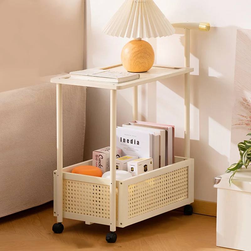Traditional Vintage Bamboo Faux Rattan Cylindrical Rectangular Mobile Side Table With 2 Tiers For Living Room