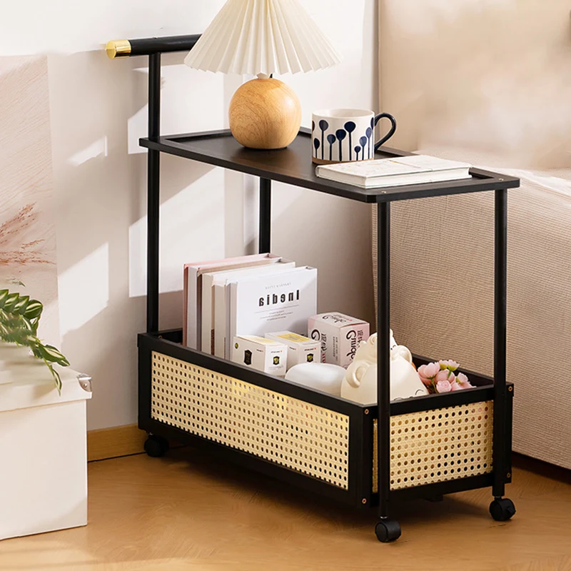 Traditional Vintage Bamboo Faux Rattan Cylindrical Rectangular Mobile Side Table With 2 Tiers For Living Room