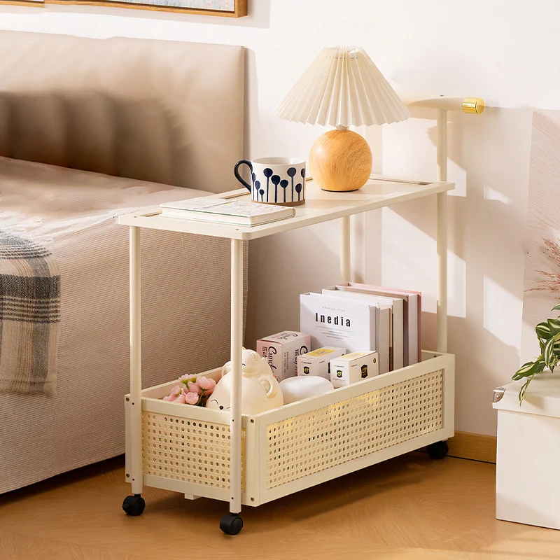 Traditional Vintage Bamboo Faux Rattan Cylindrical Rectangular Mobile Side Table With 2 Tiers For Living Room