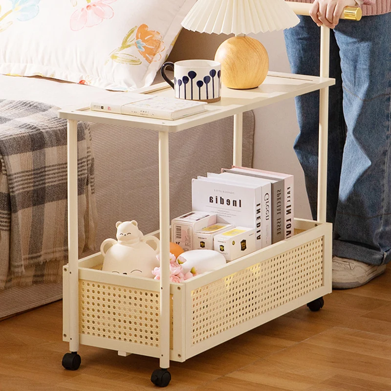 Traditional Vintage Bamboo Faux Rattan Cylindrical Rectangular Mobile Side Table With 2 Tiers For Living Room