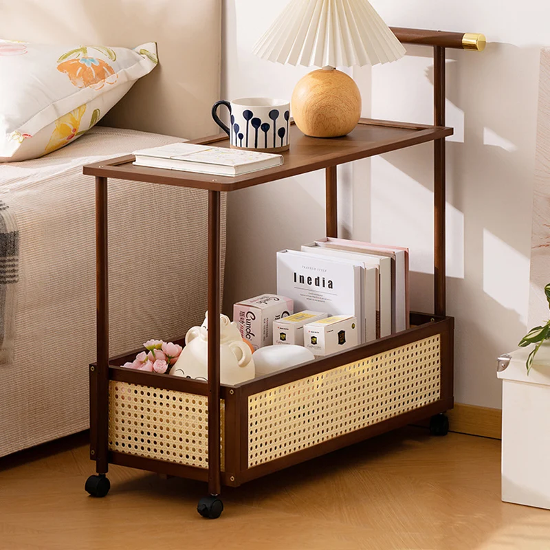 Traditional Vintage Bamboo Faux Rattan Cylindrical Rectangular Mobile Side Table With 2 Tiers For Living Room