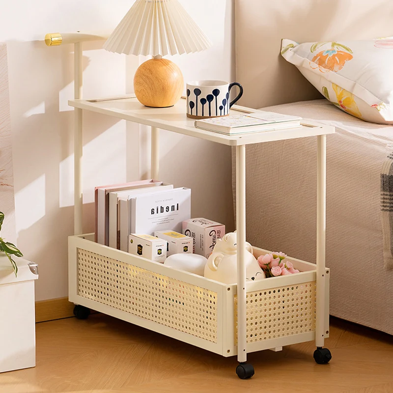 Traditional Vintage Bamboo Faux Rattan Cylindrical Rectangular Mobile Side Table With 2 Tiers For Living Room
