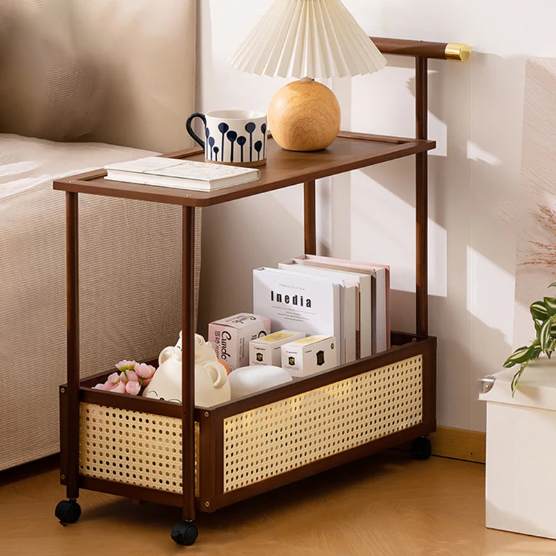 Traditional Vintage Bamboo Faux Rattan Cylindrical Rectangular Mobile Side Table With 2 Tiers For Living Room
