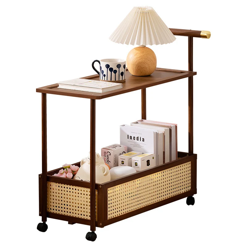 Traditional Vintage Bamboo Faux Rattan Cylindrical Rectangular Mobile Side Table With 2 Tiers For Living Room