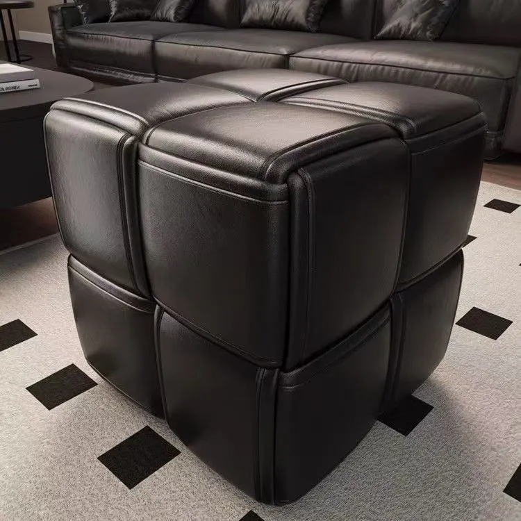 Modern Minimalist Square Wood Flannelette Faux Leather Sponge Low Stool Backless Armless For Living Room