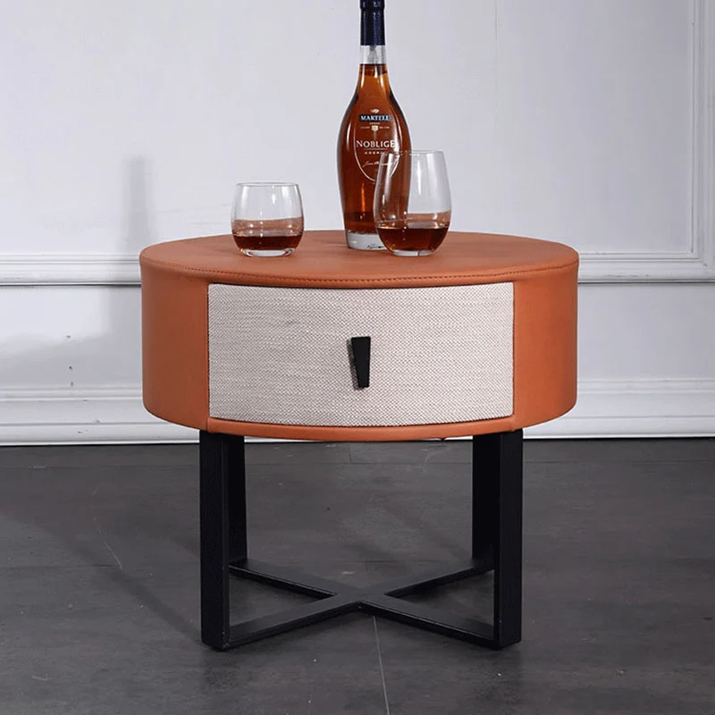 Contemporary Creative Round Circular 1 Drawer Nightstand - Faux Leather Metal Legs Bedside Table For Bedroom