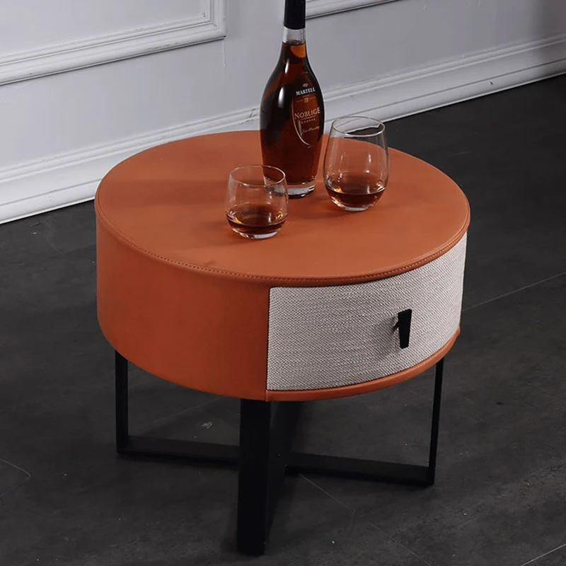 Contemporary Creative Round Circular 1 Drawer Nightstand - Faux Leather Metal Legs Bedside Table For Bedroom