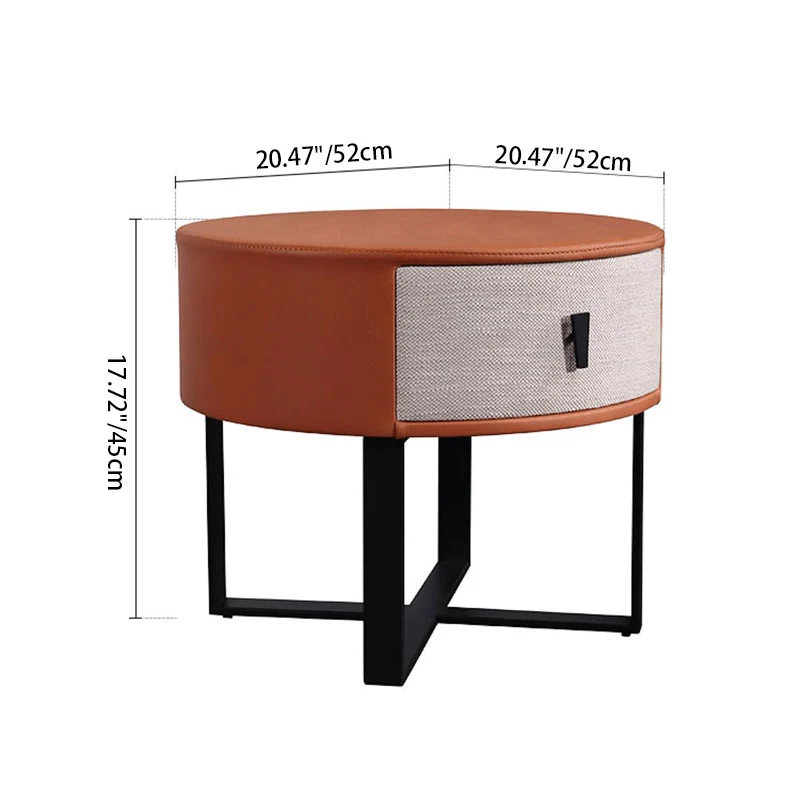 Contemporary Creative Round Circular 1 Drawer Nightstand - Faux Leather Metal Legs Bedside Table For Bedroom