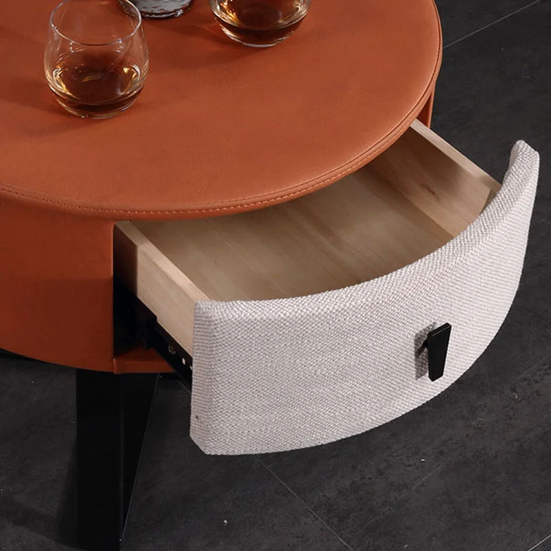 Contemporary Creative Round Circular 1 Drawer Nightstand - Faux Leather Metal Legs Bedside Table For Bedroom