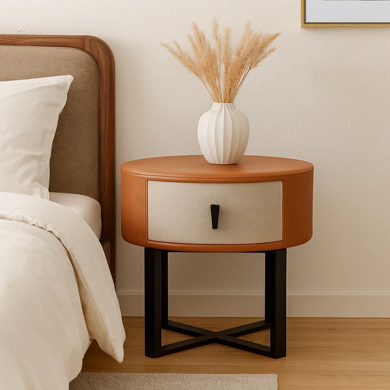 Contemporary Creative Round Circular 1 Drawer Nightstand - Faux Leather Metal Legs Bedside Table For Bedroom