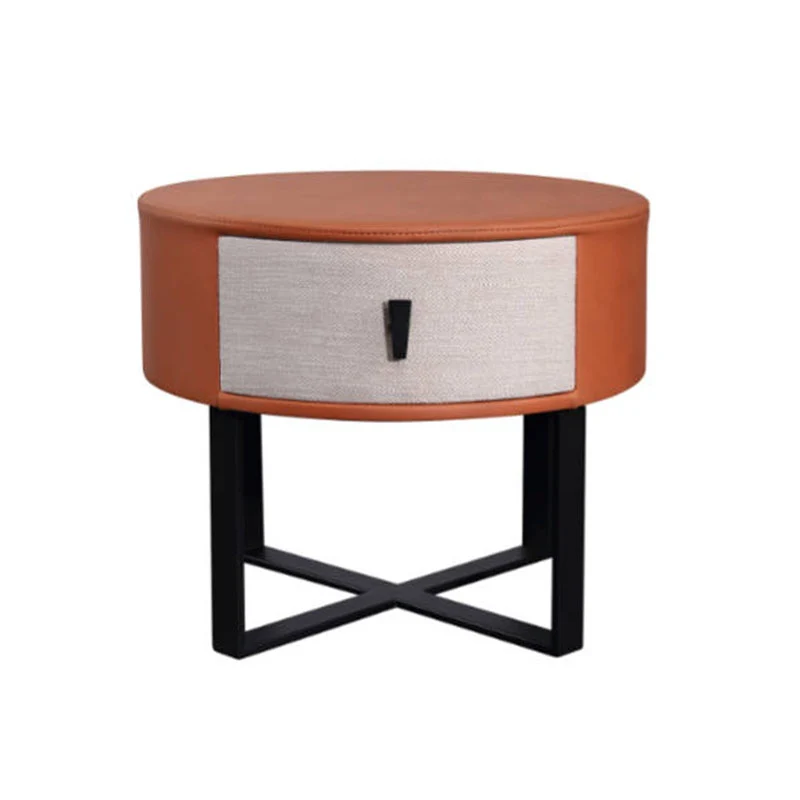 Contemporary Creative Round Circular 1 Drawer Nightstand - Faux Leather Metal Legs Bedside Table For Bedroom