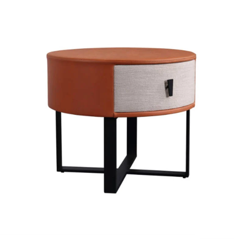 Contemporary Creative Round Circular 1 Drawer Nightstand - Faux Leather Metal Legs Bedside Table For Bedroom