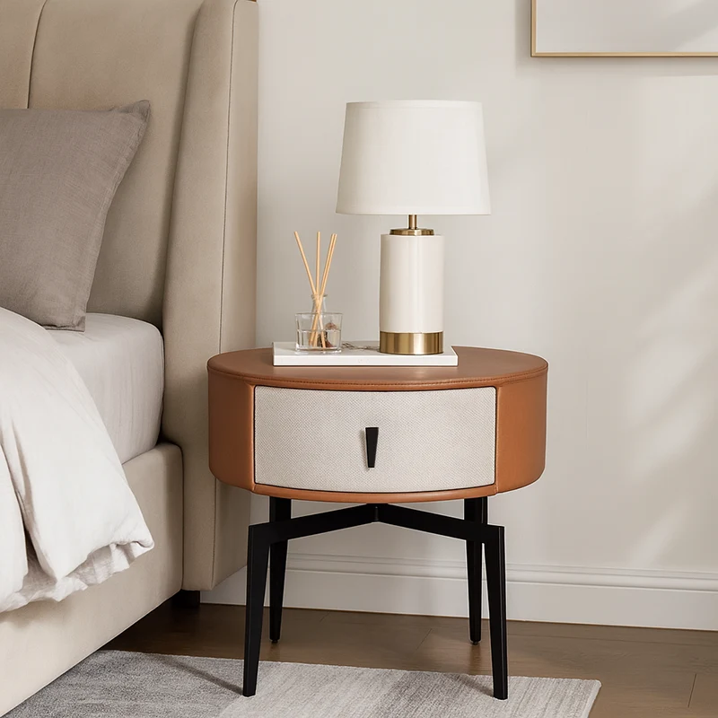 Contemporary Round Accent Bedside Cabinet - Metal Legs 1 Drawer Nightstand For Bedroom